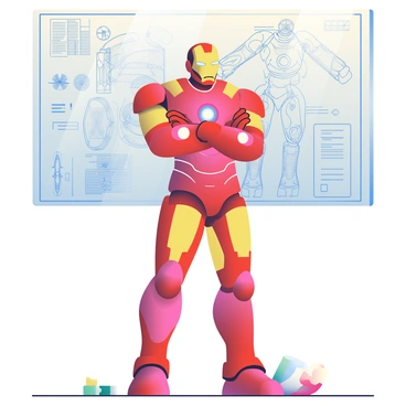 Ironman is standing in a confident pose, wearing a sleek, shiny red and gold suit that features new aerodynamic designs and glowing blue accents. He has his arms crossed, showcasing the suit's advanced technology. In the background, there is a large screen displaying detailed blueprints of the suit, with various angles and annotations. The blueprints are illuminated, highlighting the innovative features of the suit. The setting has a modern, high-tech feel, with various tools and gadgets scattered around him, emphasizing the design process.