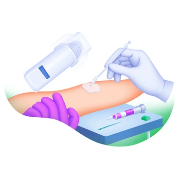 A gloved hand preparing to draw blood by examining an arm