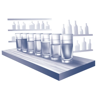 A row of shot glasses arranged neatly on a wooden bar counter. Each glass is filled with a different beverage, showcasing a variety of liquid levels. The glasses are positioned symmetrically, creating a sense of order. The bar counter has visible grain patterns and texture. Behind the glasses, there are shelves lined with bottles of various shapes and sizes, contributing to the atmosphere. The scene is set for a celebratory toast, with subtle reflections visible on the glasses' surfaces.