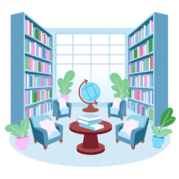 A grand city library with tall bookshelves that reach the ceiling, filled with colorful books. The library features cozy reading nooks with plush armchairs and warm blankets, inviting readers to relax. Soft, ambient light filters through large windows, illuminating the wooden floors. Potted plants are placed throughout the library, adding a touch of greenery. A large globe stands in one corner, surrounded by a circular wooden table with stacks of books.