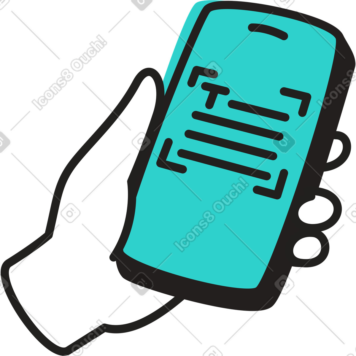 Illustration Main tenant un smartphone avec reconnaissance de texte dans le style Little à télécharger aux formats PNG, SVG