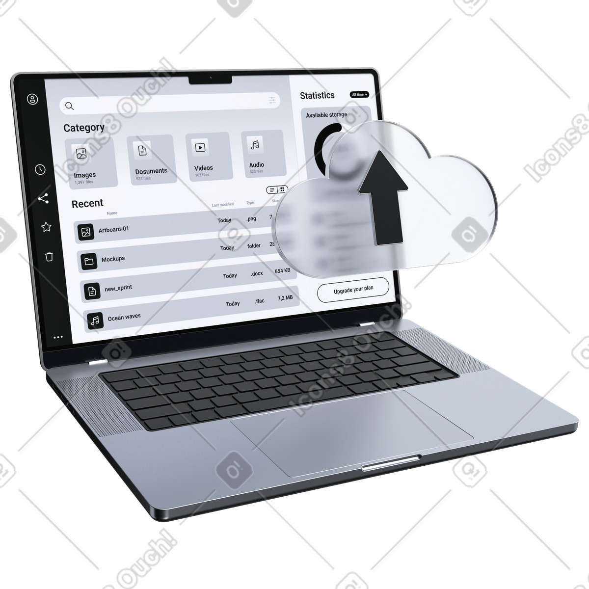 Ilustración Portátil con plataforma de carga en la nube, respaldo y almacenamiento archivos, espacio trabajo digital organización documentos. estilo 3D Pro a descargar PNG SVG