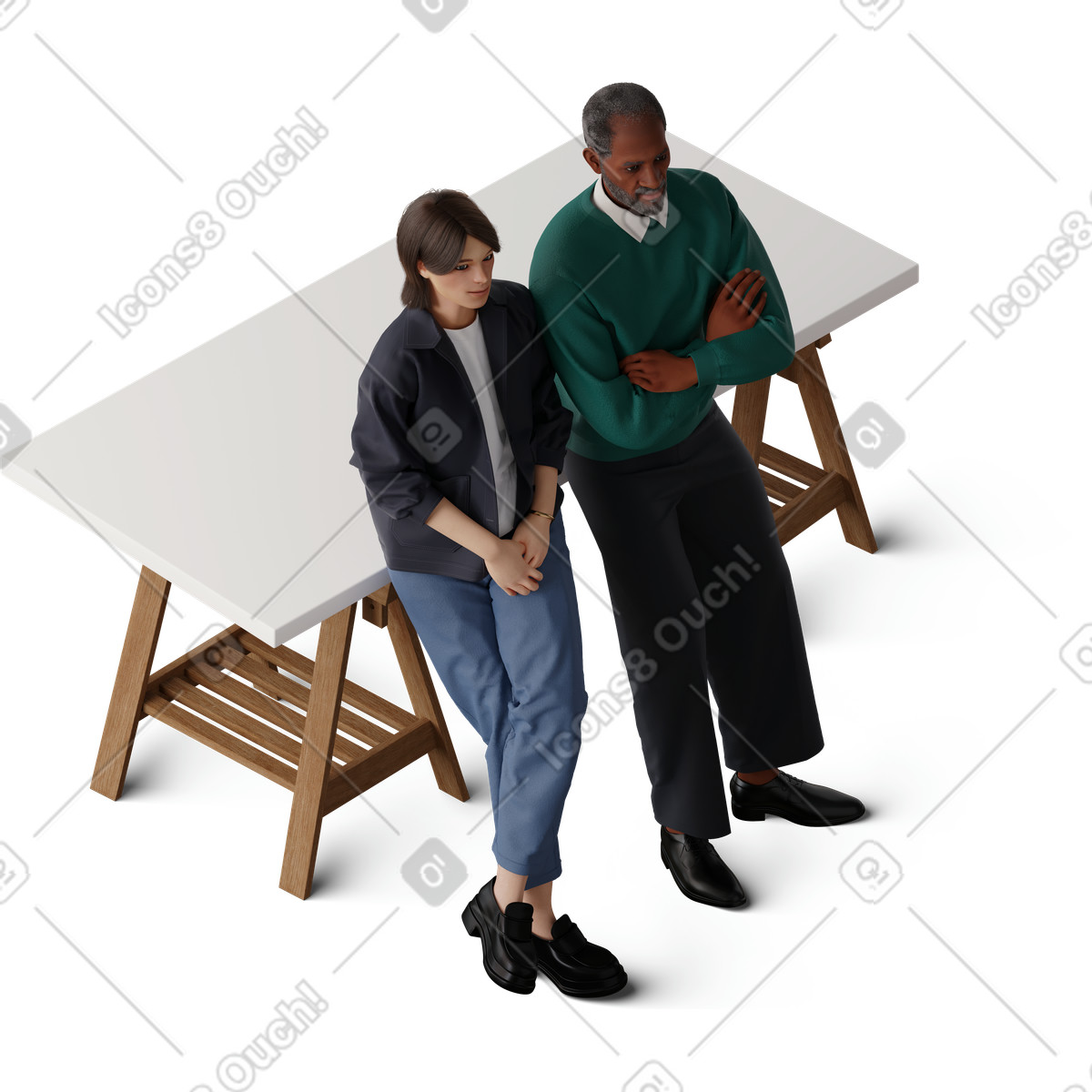 Vista isometrica dell'uomo e della giovane donna appoggiata sulla scrivania illustrazione in stile 3D Hygge scarica in PNG, SVG