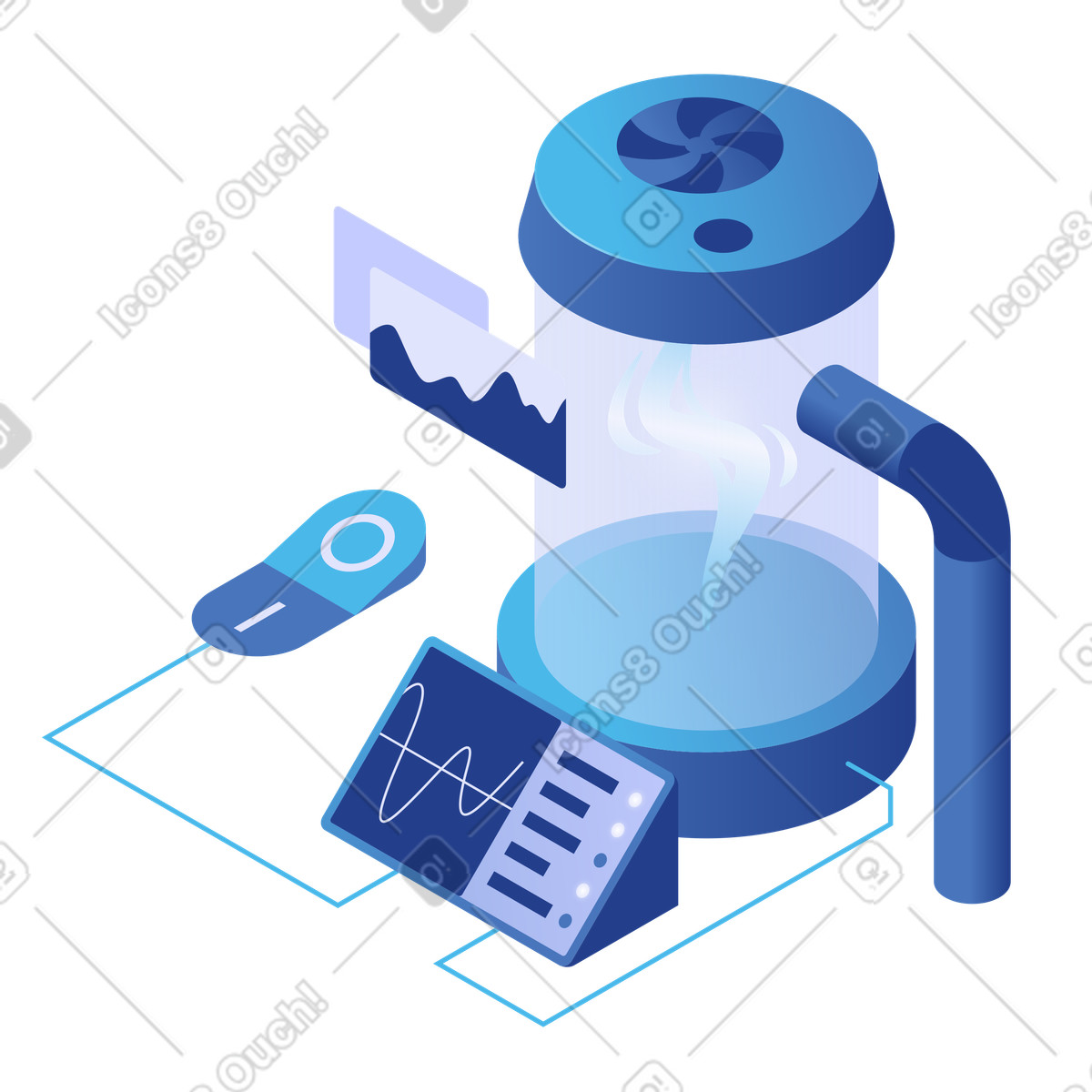 Futuristic energy device with digital dashboards, industrial process automation and smart factory technology illustration in Quantum style download in PNG, SVG