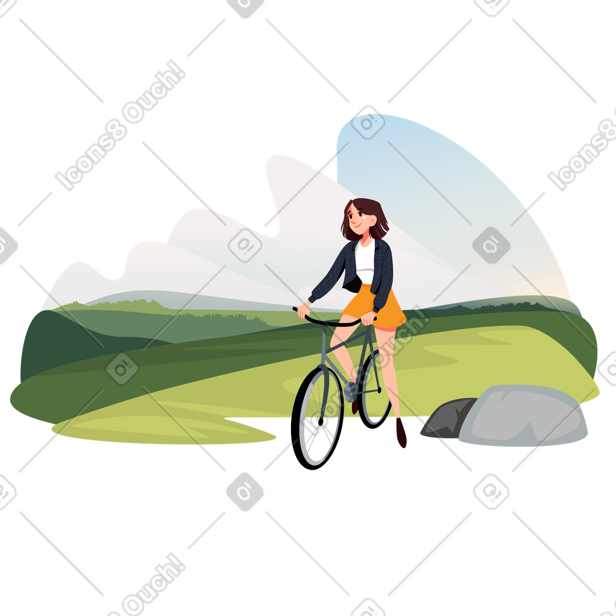 Girl cycling through the hills illustration in PNG, SVG