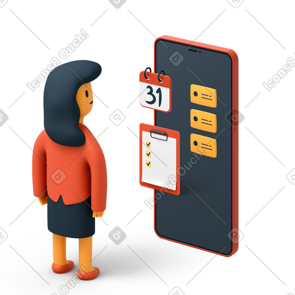 下载 3D Flame 风格的 使用手机进行业务规划的女性 插画，支持 PNG、SVG 格式