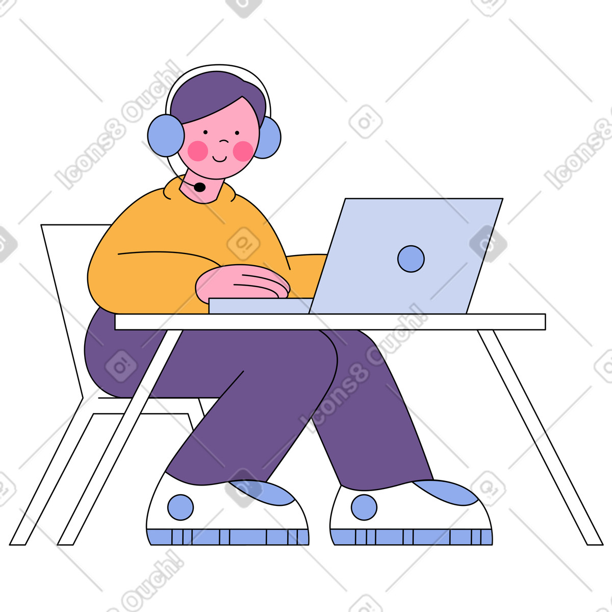 Mann mit kopfhörern tippt auf einem laptop animierte Illustration im Bloom-Stil als Download in GIF, Lottie (JSON), AE