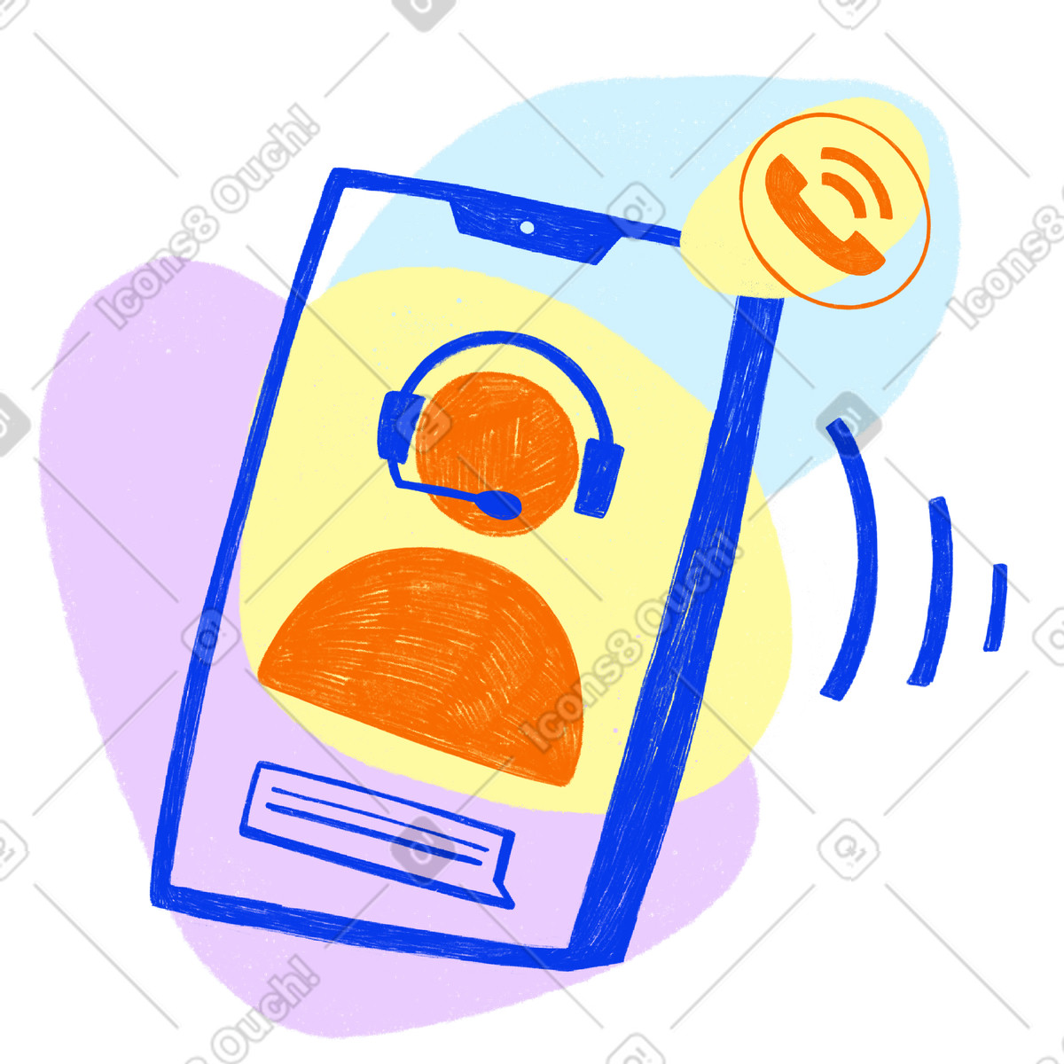 Blue phone with a support person icon illustrazione in stile Biro scarica in PNG, SVG