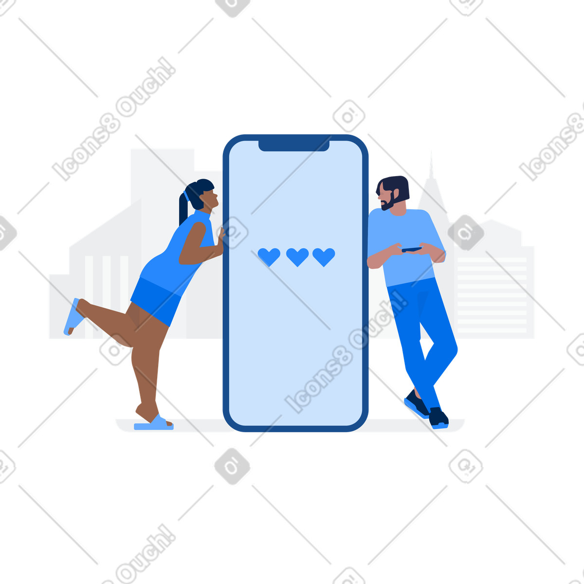 Ilustração de Garota e cara se olham ao lado do smartphone no fundo da cidade em estilo Urban para baixar em PNG, SVG