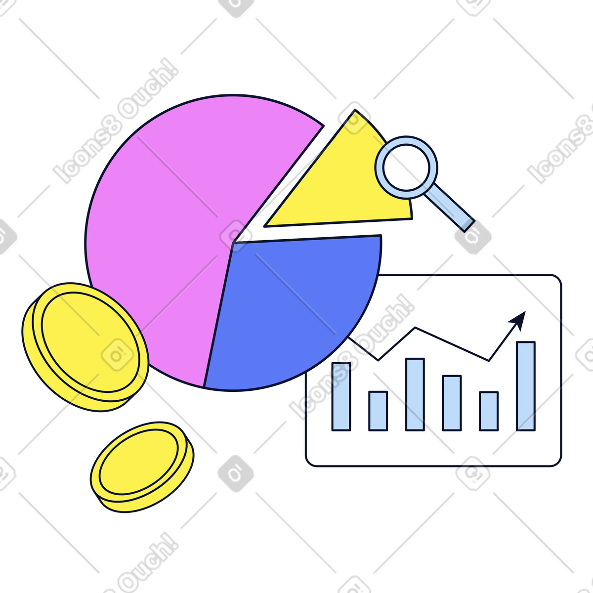 Flexy スタイルの Colorful pie chart with coins and bar graph, Financial planning insights のイラストをPNG、SVG形式でダウンロード
