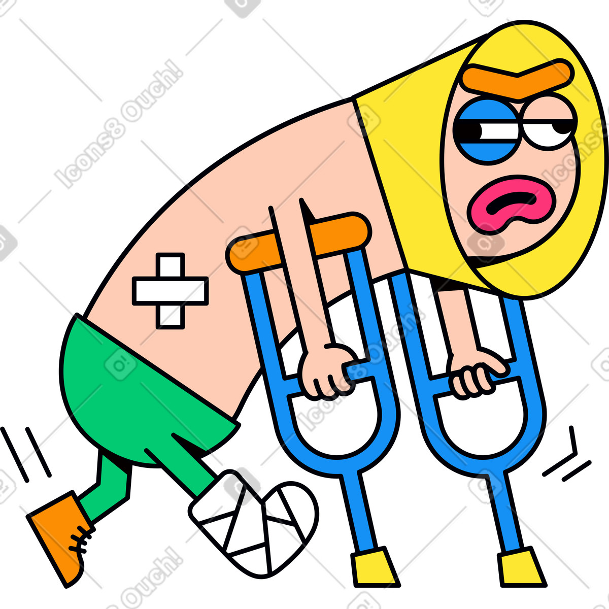Personaggio con una gamba rotta le stampelle illustrazione in stile Droll scarica in PNG, SVG