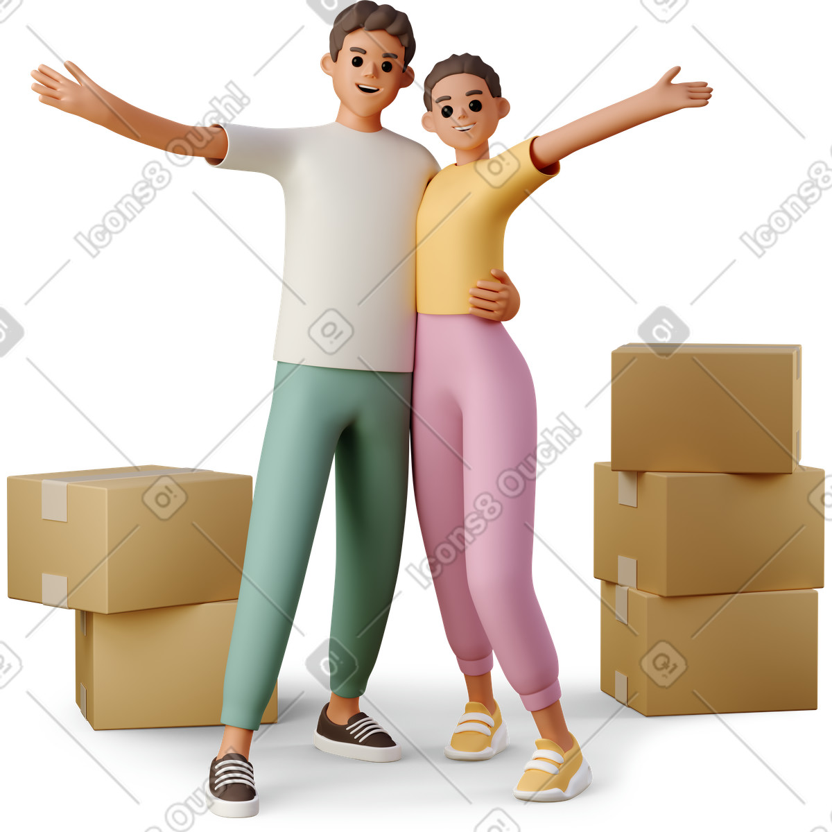 Giovane coppia che si trasferisce nella nuova casa illustrazione in stile 3D Casual life scarica in PNG, SVG
