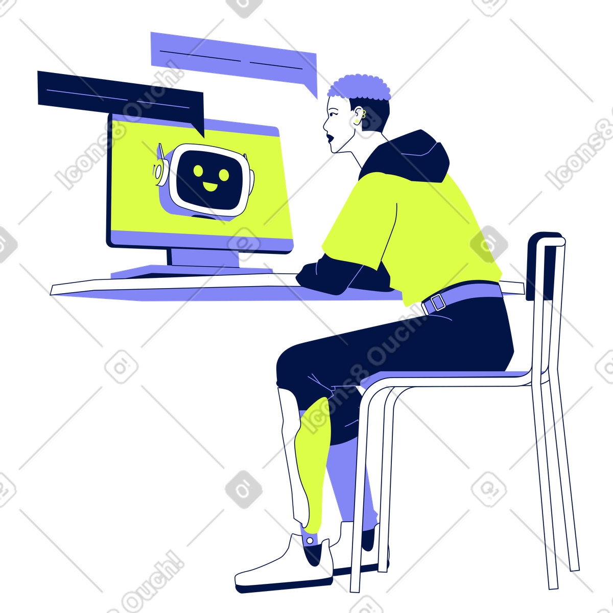Modern workspace with user talking to AI, Digital assistant for productivity illustration in Glow style download in PNG, SVG