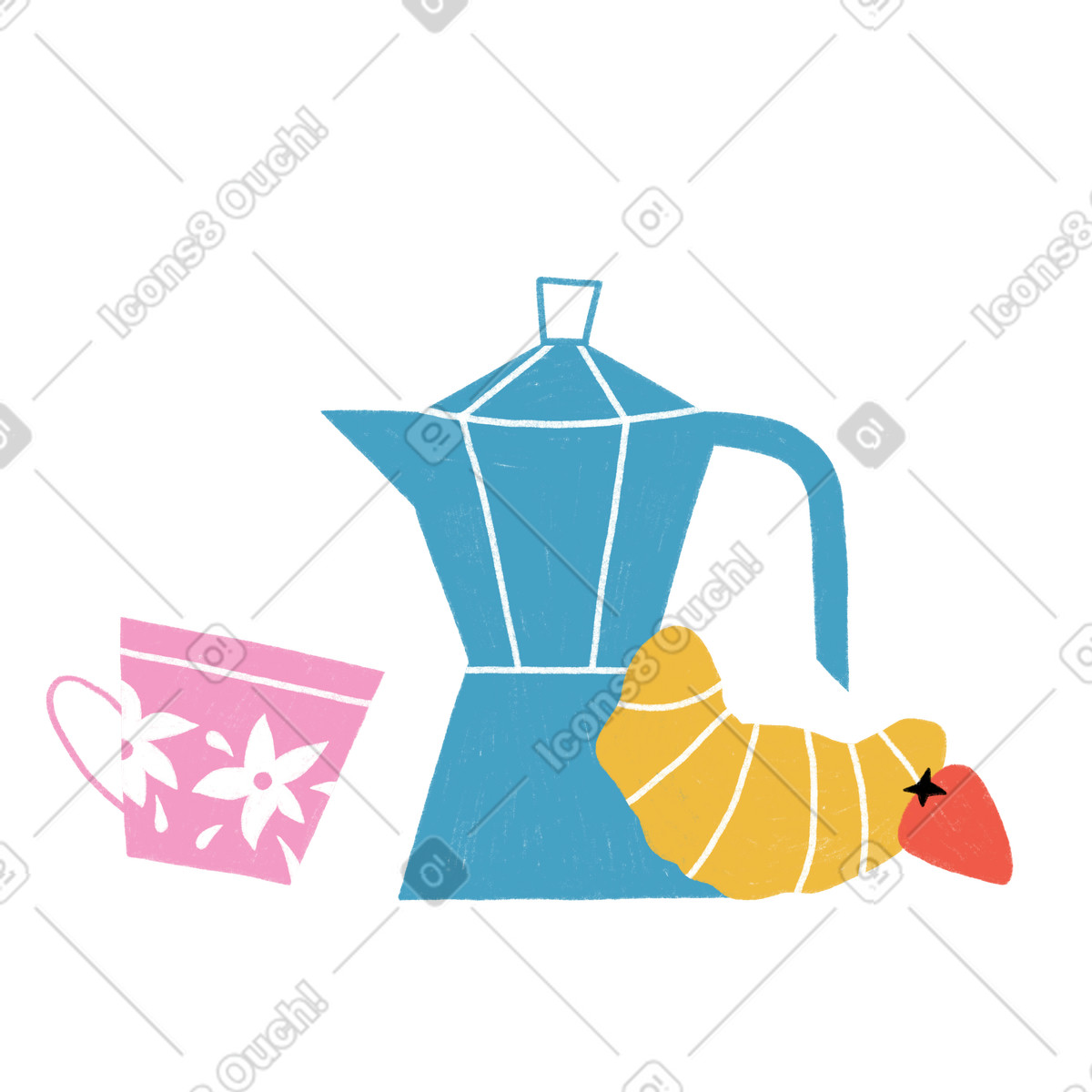 Kaffeepause mit croissant und erdbeere-Illustration im Tutti-Stil als Download in PNG, SVG