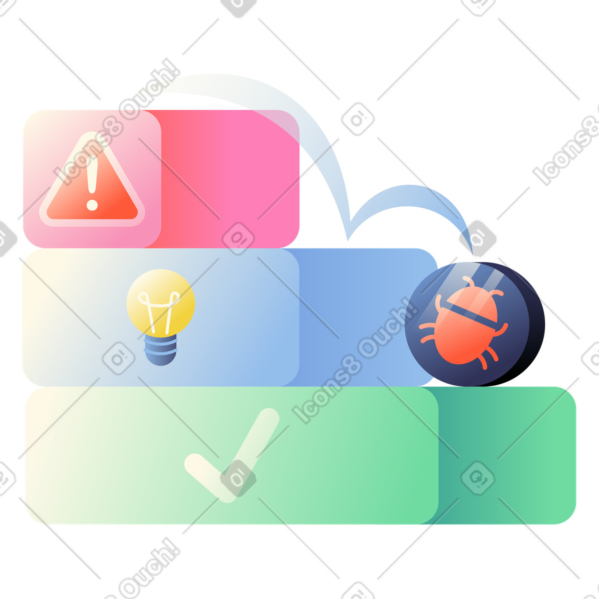 Ilustración Flujo de trabajo triaje errores, desde la detección hasta resolución, paso a en estilo Beam descargar en PNG y SVG