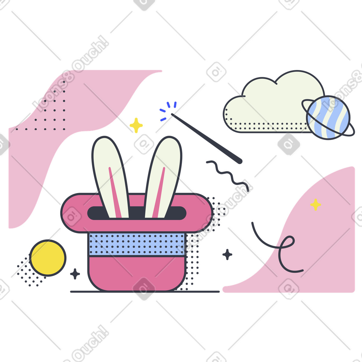 Magic hat with bunny ears and wand, Magic tricks and entertainment concept, coming soon concept illustration in Abstract style download in PNG, SVG