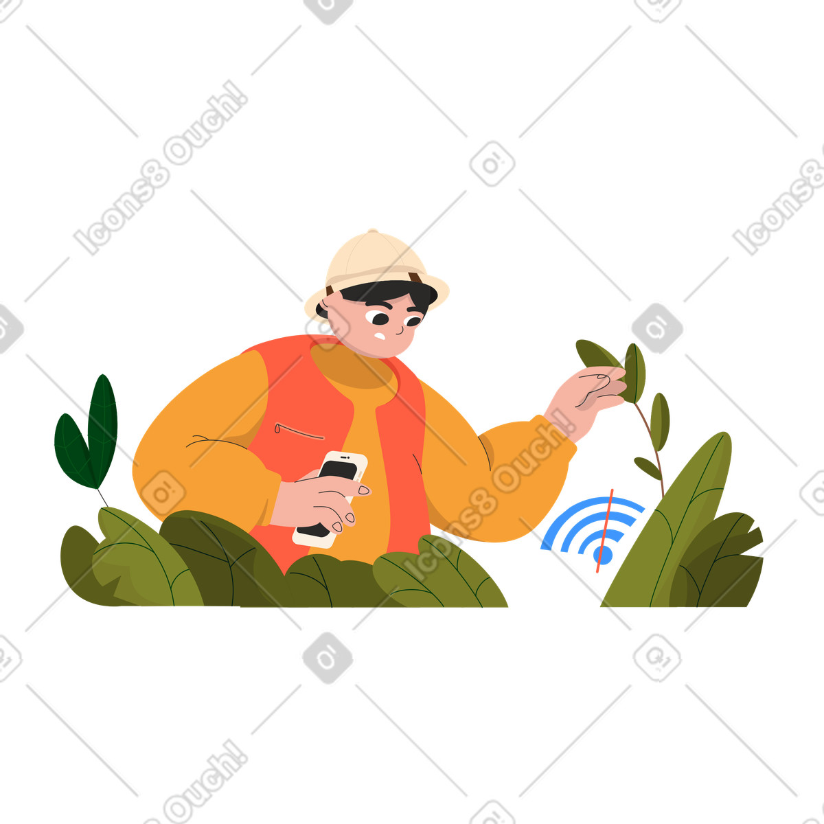 Safari man looking for wifi illustration in Dizzy style download in PNG, SVG