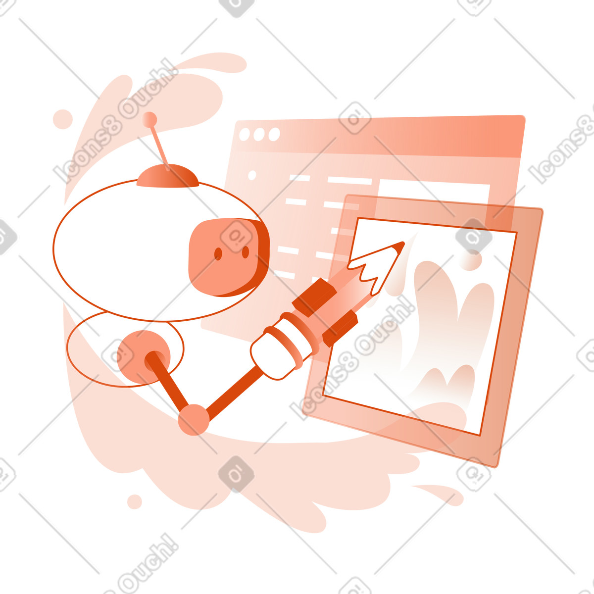 Illustration AI bot sketching website graphic, Automated design tools and AI-powered graphic generation dans le style Orange à télécharger aux formats PNG, SVG