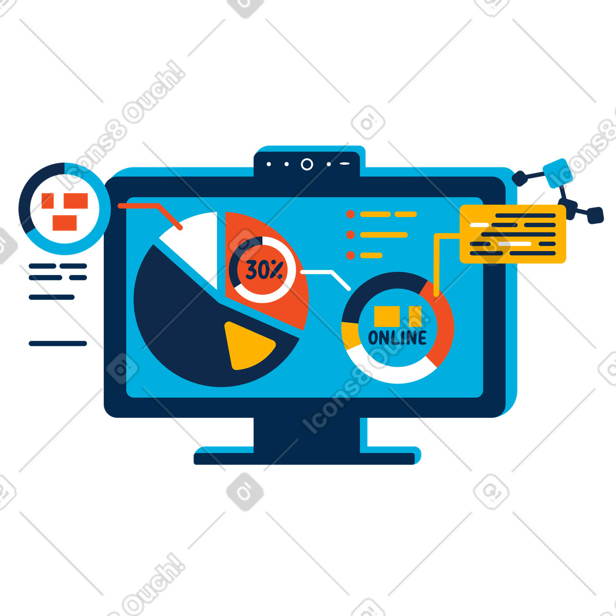 Ilustración Monitor de computadora con infografías y análisis en estilo Flame a descargar en PNG SVG