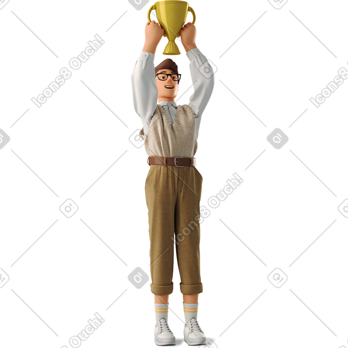 Young man raising a cup-Illustration im 3D Business-Stil als Download in PNG, SVG