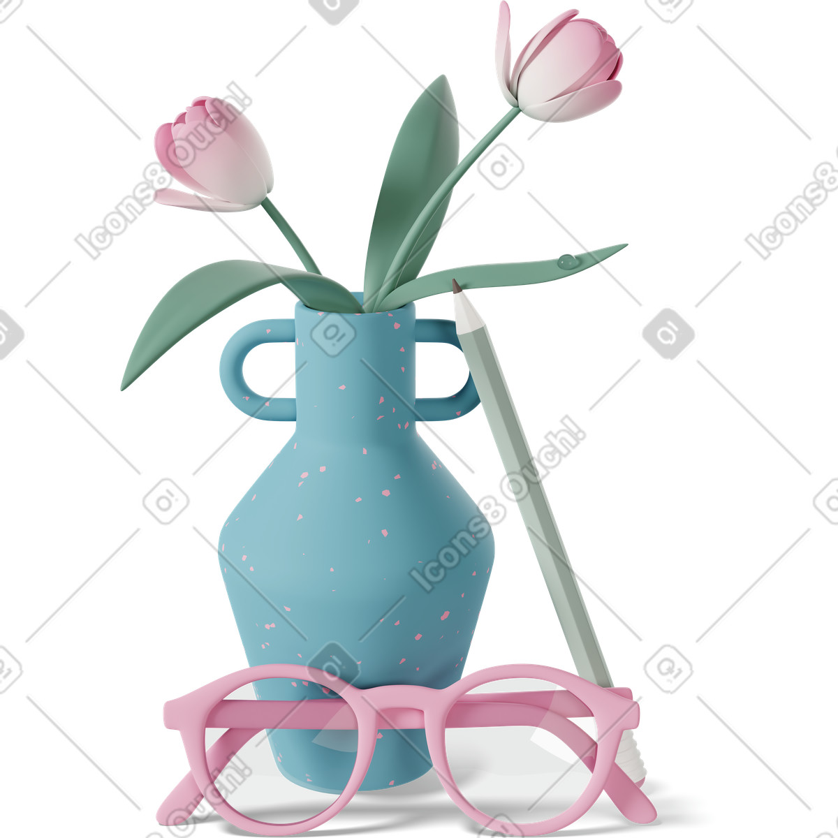 3D Casual life 스타일의 Vase with tulips, glasses and pencil 일러스트레이션 PNG, SVG 다운로드