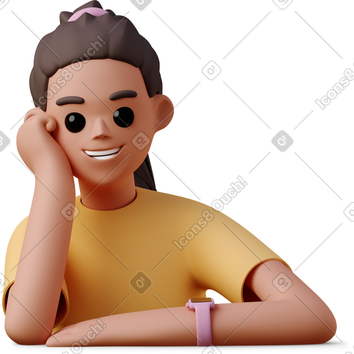 Illustration Young woman leaning on something with hands folded dans le style 3D Casual life à télécharger aux formats PNG, SVG