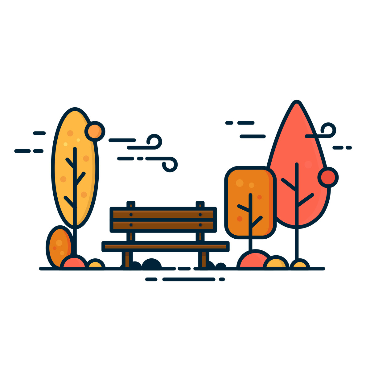Illustration Park bench with colorful autumn trees, fall season outdoor scene dans le style Gummy à télécharger aux formats PNG, SVG