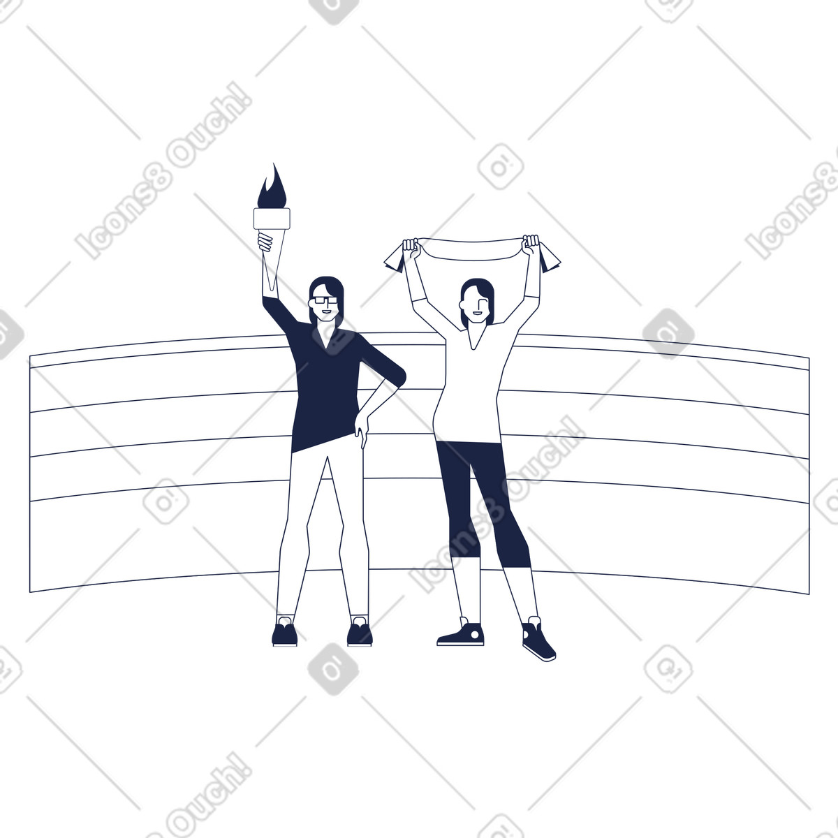 Women with torch and ribbon celebrating olympic games illustration in Urban Line style download in PNG, SVG