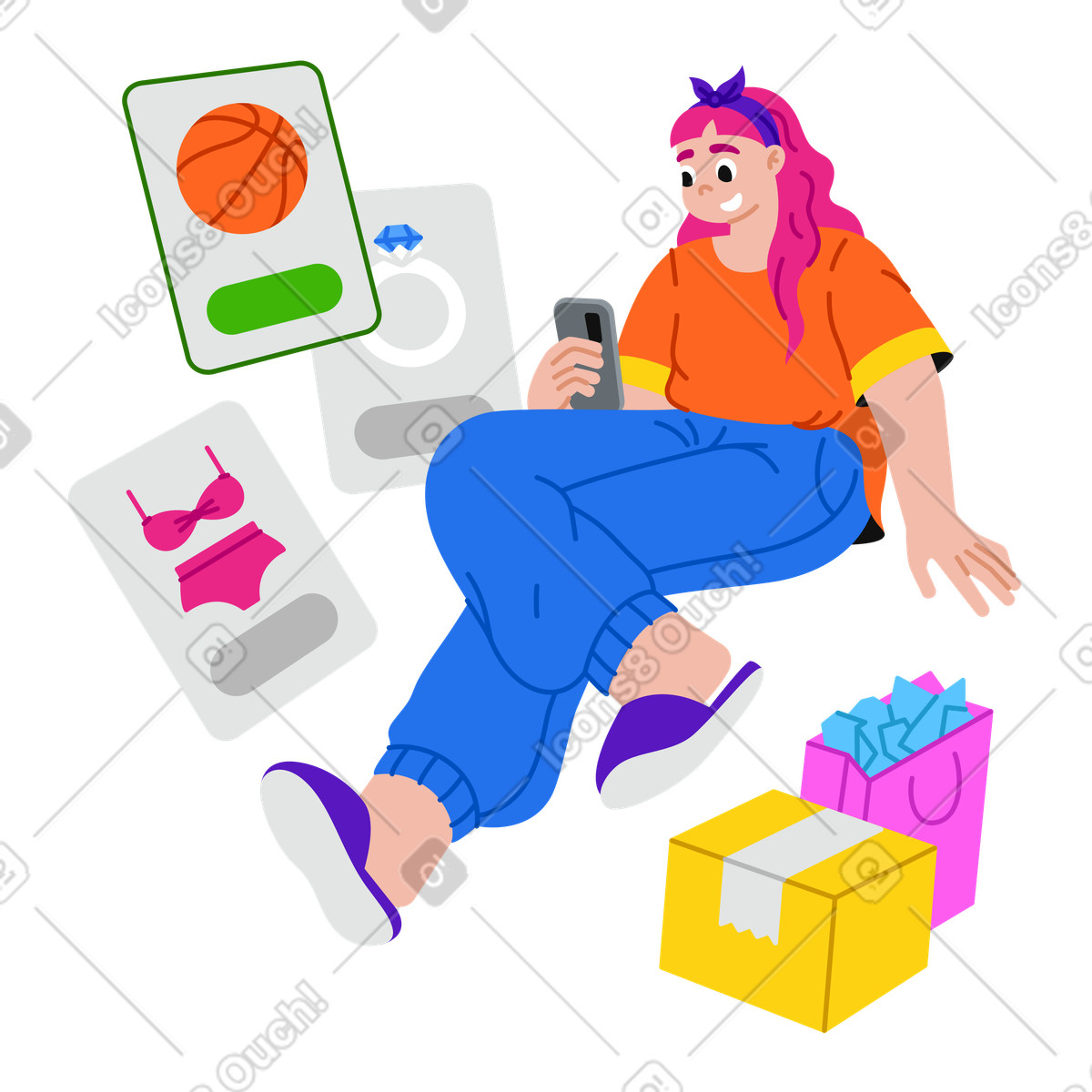 Ilustração de Mulher fazendo compras on-line no celular em estilo Active para baixar em PNG, SVG