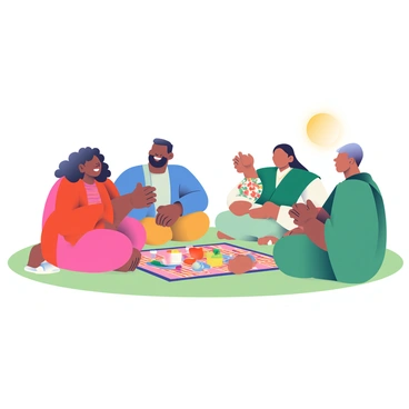 A diverse group of five people is sitting in a circle on a grassy area. Each person is dressed in traditional clothing representing different cultures. In the center of the circle is a colorful woven blanket with snacks and drinks laid out. One person, a woman with curly hair wearing a vibrant red dress, is animatedly speaking, while another person, a man with a beard in a blue kurta, is listening intently. Two others, a woman with long black hair in a floral kimono and a man with short hair in a green poncho, are exchanging smiles. The scene captures the warmth of their interaction, with the sun setting, casting a soft glow over the group, enhancing the sense of connection and sharing among them.