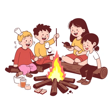 A group of children is gathered around a warm campfire, smiling and excited. One child is holding a stick with a toasted marshmallow, carefully positioning it over the flames. Another child is spreading chocolate on a graham cracker, while a third child is preparing to sandwich the marshmallow between two graham crackers. The family is sitting together on logs, enjoying the cozy atmosphere. The soft glow of the fire illuminates their faces, creating a joyful scene of togetherness.