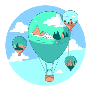 A vibrant sky is filled with variously shaped balloons, each one floating gracefully among fluffy white clouds. Each balloon is encased in a transparent material, revealing tiny dream worlds inside. These dream worlds showcase miniature landscapes, such as a tiny forest with colorful trees, a serene ocean scene with gentle waves, and a bustling city filled with tiny, illuminated buildings. The balloons are in shades of teal and orange, contrasting beautifully against the blue of the sky. The entire scene radiates a sense of wonder and imagination.