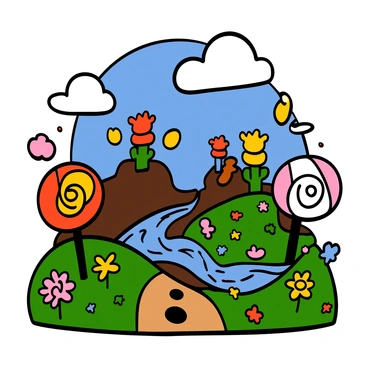 A whimsical landscape filled with various types of candy. Large gummy bears in vibrant colors are scattered throughout the scene. Lollipop trees with swirls of red, yellow, and green rise against a bright blue sky. A chocolate river flows through the center, with marshmallow rocks along its banks. Cotton candy clouds float above, creating a playful atmosphere. In the foreground, candy-coated flowers with colorful petals bloom around a pathway made of cookie crumbs.