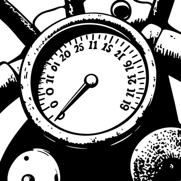 A close-up view of a vintage motorcycle speedometer, featuring a weathered metal casing with scratches and signs of aging. The glass cover is slightly foggy, revealing the dial behind it. The speedometer displays numbers in a classic font, with the needle poised just before the maximum mark. Surrounding the speedometer, there are hints of leather from the motorcycle seat and rusted metal parts, adding to the authentic vintage feel.