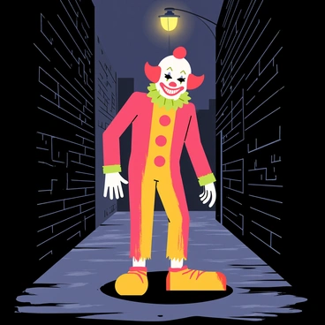 A creepy clown with a sinister grin stands in the shadows of a dimly lit alley. The clown wears a vibrant red and yellow costume, with oversized shoes and a frayed collar. Its face is painted with white makeup, accentuating dark, hollow eyes. The background is filled with brick walls that are slightly damp, with puddles reflecting the faint light from a flickering streetlamp above. The atmosphere is thick with an unsettling tension as the clown leans slightly forward, ready to spring into action.