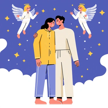 A couple standing closely together, with their arms wrapped around each other. They have joyful expressions on their faces. Surrounding them are various celestial elements, including a multitude of glowing stars scattered throughout the scene. Above them, two playful angels with gentle smiles hover, their wings delicately spread. The angels are adorned with flowing robes that match the color of the night sky, shimmering with hints of silver and blue. The couple is illuminated by a soft, ethereal light emanating from the stars, enhancing the sense of connection between them.