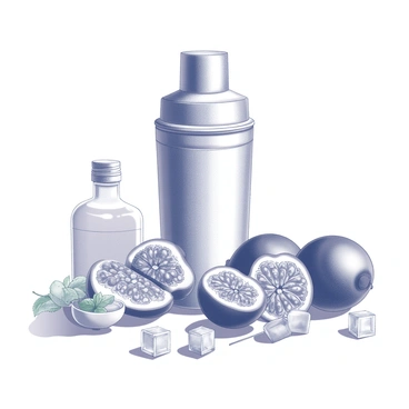 A cocktail shaker sits prominently in the center of the image. Surrounding the shaker are various ingredients used to make a passion fruit drink. There are several halved passion fruits, their vibrant, textured insides exposed. Next to them, there is a small bowl filled with fresh mint leaves. A measuring jigger rests nearby, along with a bottle of clear liquor. Ice cubes are scattered around the scene, adding a refreshing touch. The background is simple and unobtrusive, ensuring the focus remains on the cocktail shaker and its ingredients.