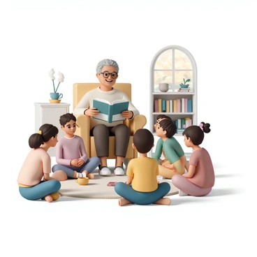 An elderly man, with gray hair and glasses, is sitting in a comfortable armchair, holding an open storybook in his hands. He is wearing a cozy sweater and has a warm smile on his face. Around him, a group of five children, dressed in colorful clothing, are sitting cross-legged on a soft rug. They are all looking up at him with wide eyes, fully engaged in the story. The living room has a warm atmosphere, with a bookshelf filled with books in the background, a small coffee table with a steaming cup of tea, and a window showing a hint of sunshine coming through.
