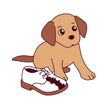 A brown puppy with big, sad eyes is sitting on a light-colored carpet, looking up with a guilty expression. Next to the puppy, there is a chewed-up white shoe with frayed laces and visible bite marks. The shoe is tilted on its side, showcasing the damage. The puppy's ears are perked slightly back, and its tail is curled tightly against its body, emphasizing its remorseful demeanor.