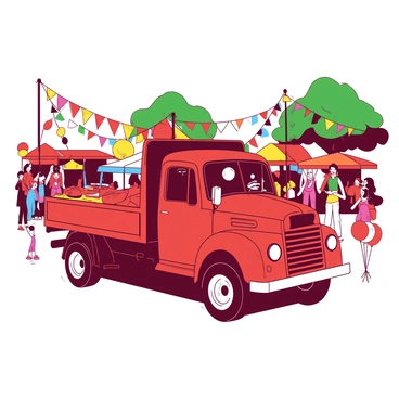 A red truck is parked prominently in the center of a vibrant village festival. The truck is decorated with colorful lights strung around its perimeter and banners fluttering from its sides. Surrounding the truck, there are stalls with various decorations and people mingling in festive attire. Children are laughing and playing nearby. Brightly colored flags are hanging from nearby trees, and there are balloons tied to the truck's front bumper, creating an atmosphere of celebration.