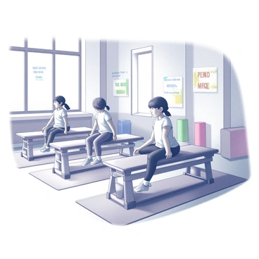 A group of children are participating in pilates exercises on mini reformer machines. Each child is focused on their movements, using the machines to stretch and strengthen their bodies. The studio is filled with various exercise mats and colorful equipment scattered around. Large windows allow natural light to illuminate the space, creating a vibrant and energetic atmosphere. The walls are adorned with motivational quotes related to fitness and well-being, contributing to the lively environment. Each child is wearing comfortable athletic clothing suitable for exercise.
