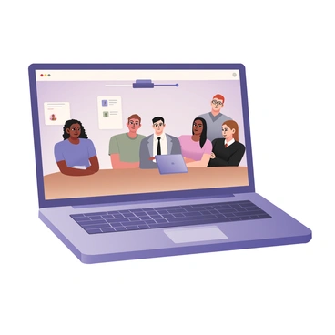 A digital flat illustration depicting a laptop screen displaying a virtual meeting. The screen shows six employees from diverse locations. On the left side, there is a woman with light brown skin and curly black hair wearing a blue blouse and glasses. Next to her is a man with medium skin and short black hair, dressed in a white shirt and tie. In the center, a woman with dark skin and long black hair is wearing a green sweater. To the right, there is a man with fair skin and red hair wearing a black t-shirt. Adjacent to him is a woman with medium skin and straight brown hair in a pink blouse. Lastly, there is a man with light skin and short brown hair in a grey suit. The laptop is sitting on a wooden table, and the background consists of a soft gradient.