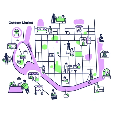 A detailed map of Manhattan is displayed prominently. The map highlights various outdoor market locations with green-and-purple outlines. Each market is marked with distinct symbols, and small icons represent colorful stalls, complete with canopies and tables filled with produce and goods. The streets are clearly labeled, and notable landmarks are indicated with green-and-purple shapes. Around the edges of the map, small illustrations depict people shopping and interacting at the markets, adding life to the scene.