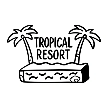 A matchbook with the words "Tropical Resort" prominently displayed on the cover. The design features stylized palm trees on each side of the matchbook. Ocean waves are illustrated at the bottom, creating a sense of movement. The spine of the matchbook is adorned with small, repetitive designs of seashells. The overall composition is balanced, showcasing the tropical theme clearly.