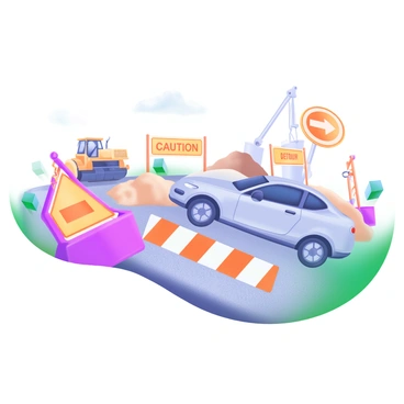 A construction zone with warning signs and a car trying to maneuver around road barriers.