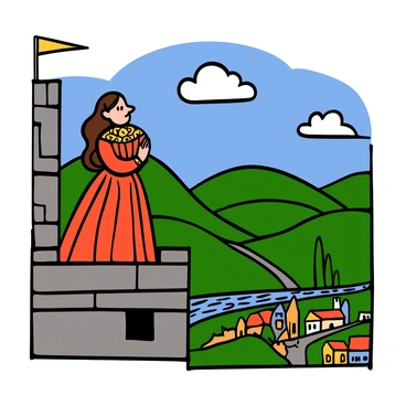 A noble lady with light skin and long, wavy brown hair stands proudly on a castle balcony. She is wearing a beautifully detailed medieval dress adorned with intricate patterns, featuring a flowing skirt and long sleeves. The dress is rich in colors, with shades of deep red and gold. She gazes thoughtfully over a vast kingdom below, which includes rolling hills, a sparkling river, and a village with quaint houses. The sky is a vibrant blue with a few fluffy clouds, adding to the majestic atmosphere of the scene. The castle walls are made of stone, and there are banners fluttering in the gentle breeze.