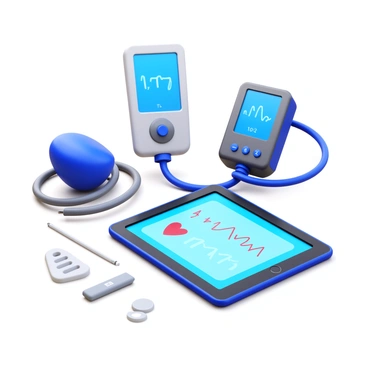 A home heart monitoring kit consisting of a digital blood pressure monitor, a heart rate monitor, and a set of electrodes. The kit includes a sleek user-friendly app interface displayed on a tablet, showing real-time heart rate data and graphs. The tools are neatly arranged on a clean surface, and the app interface features large, clear icons for easy navigation.