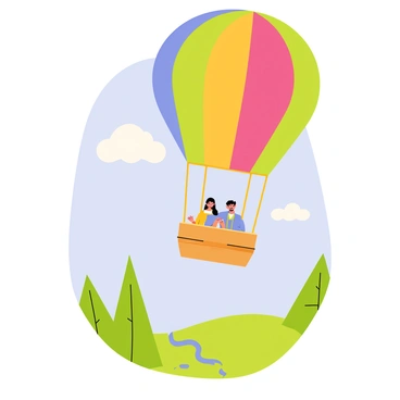 A colorful hot air balloon with a bright patchwork design floats gently in the sky. Inside the basket, a couple is smiling and holding hands, enjoying their ride. Below them, a lush green landscape spreads out, dotted with trees and a winding river. The sky is a clear blue with a few fluffy white clouds, adding to the cheerful atmosphere of the scene.