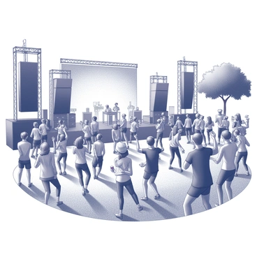 A music festival scene filled with energetic attendees. There are groups of young people dancing and enjoying performances on an outdoor stage. The atmosphere is vibrant, with attendees wearing casual summer clothing, some with hats or sunglasses. The stage is adorned with large speakers and lighting equipment. In the background, there are trees providing shade and additional festival decorations. People are holding drinks and some are capturing moments with their smartphones. A sense of joy and excitement permeates the scene as everyone engages with the music and each other.