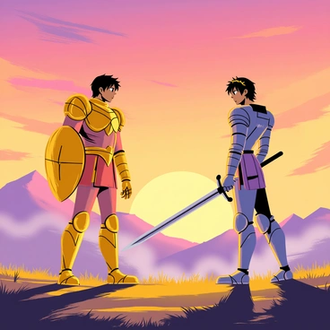 The scene depicts a fierce Saint Seiya showdown at dawn. The sky is painted with hues of orange and purple, indicating the early morning light breaking over the horizon. Two armored warriors, one with a golden shield and the other with a silver sword, stand facing each other, their expressions determined. The dramatic lighting casts long shadows on the ground, enhancing the tension in the atmosphere. Wisps of mist rise from the grass beneath their feet, adding to the intensity of the moment. In the background, silhouettes of mountains are visible under the vibrant sky, completing the scene of a pivotal battle.